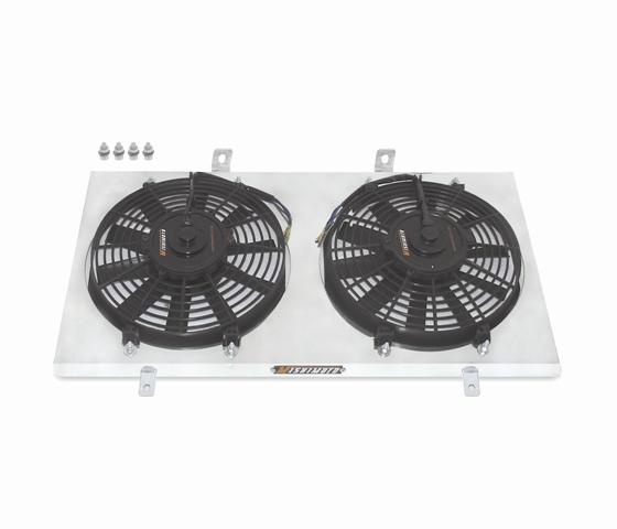 Mishimoto fan shroud kit installed showing compatibility with stock and Mishimoto radiators