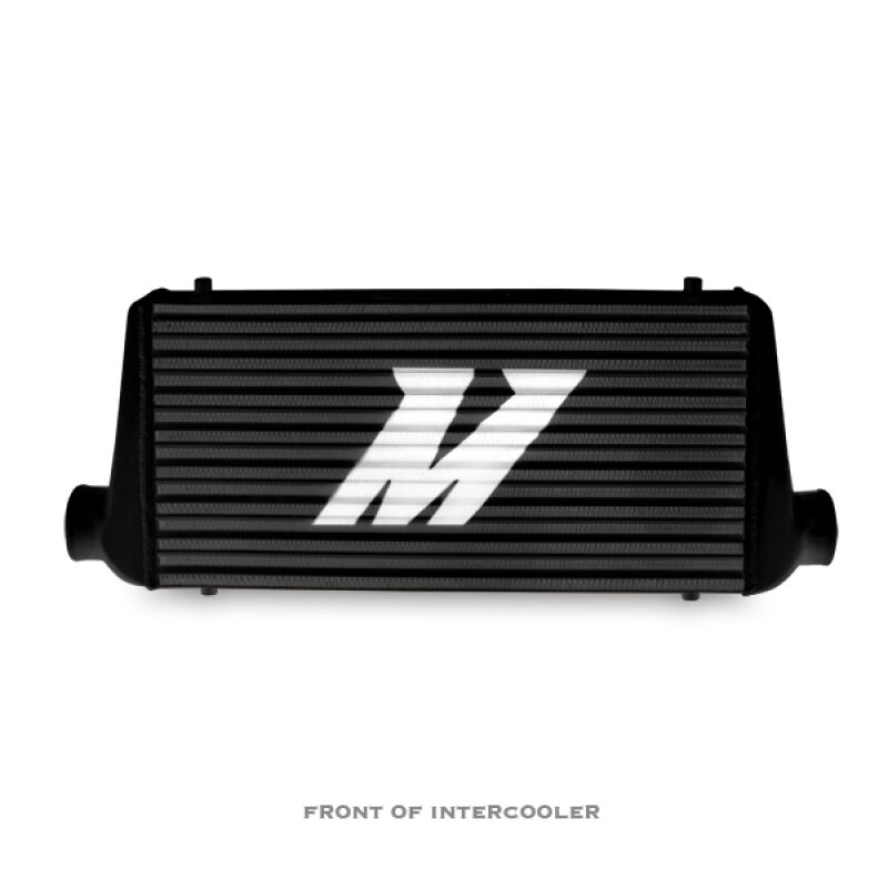 Close-up of Mishimoto logo on one side of the black-finished forced induction intercooler