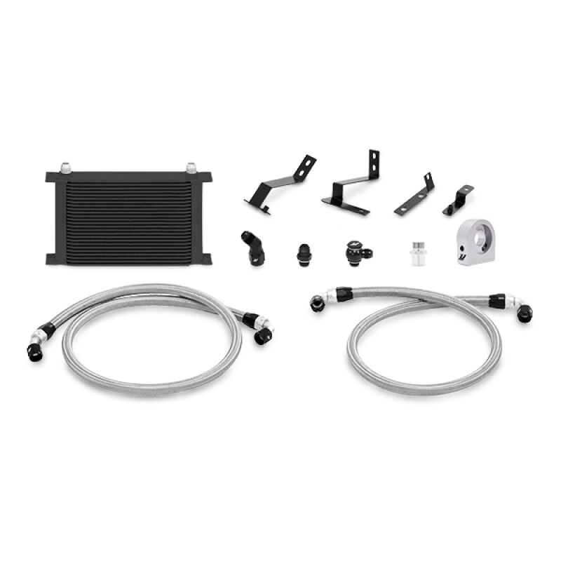 Black anodized 6061 aluminum oil sandwich plate included with the Mishimoto Camaro oil cooler kit