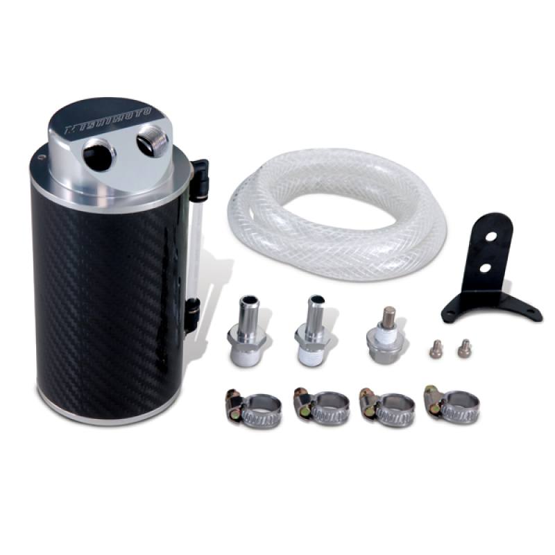Mishimoto oil catch can showing built-in sight tube for checking fluid levels