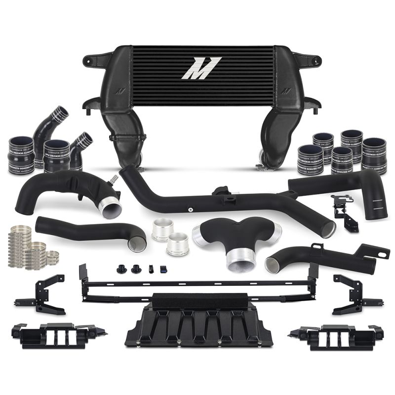 Mishimoto MMINT-BR27-21HKBKBK high-mount intercooler with black bar-and-plate core for 2021+ Ford Bronco 2.7L EcoBoost