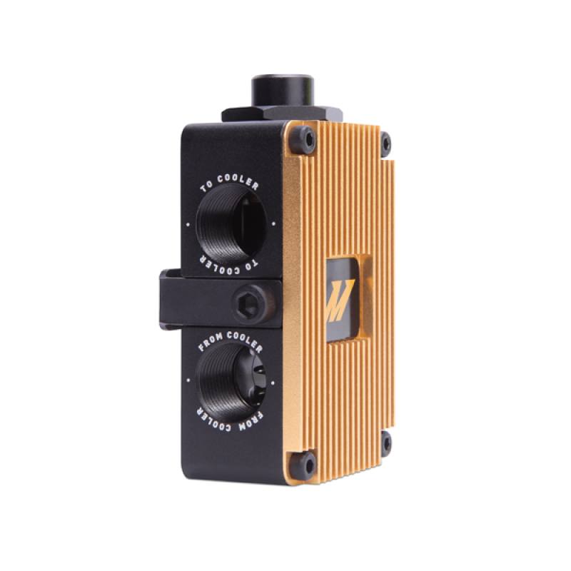 Compact Mishimoto in-line oil thermostat built for universal custom-fit installs