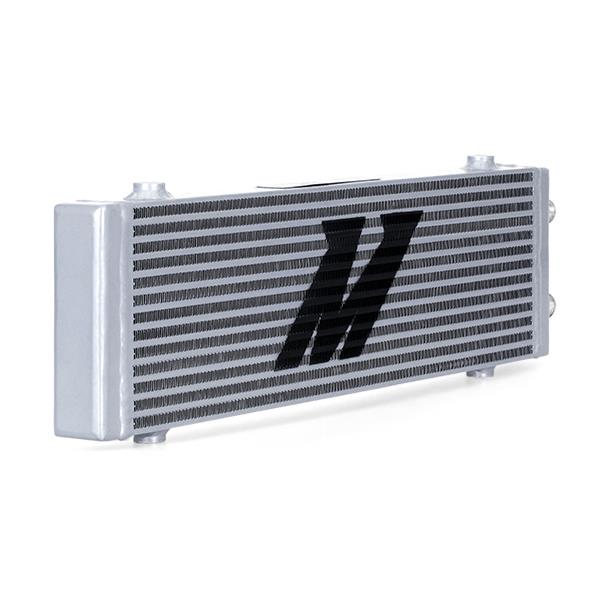 Mishimoto aluminum oil cooler measuring 21.54 x 1.57 x 6.3 inches overall