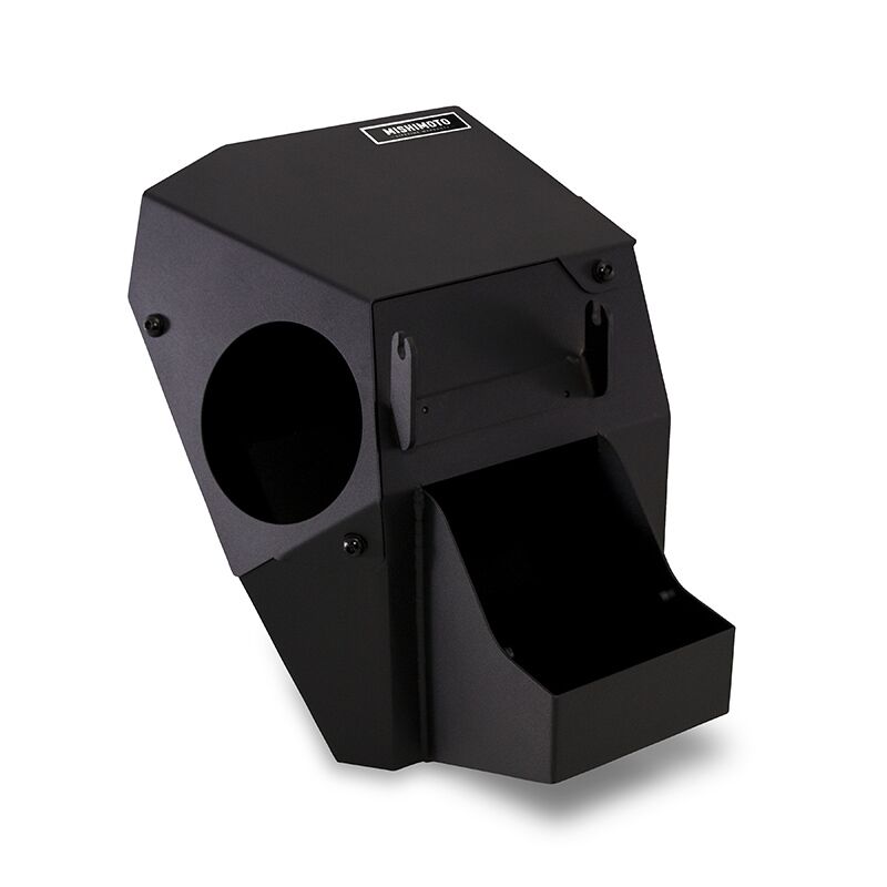 Powder-coated black steel airbox with red Mishimoto high-flow oiled air filter MMAF-3505