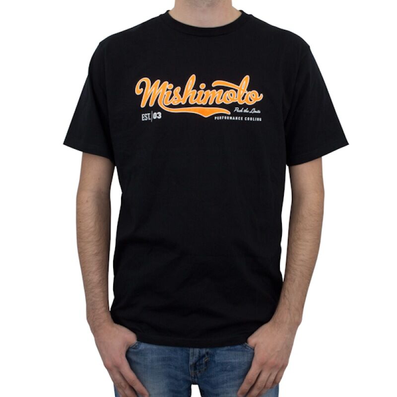Mishimoto script logo detail on black Men's Athletic T-Shirt