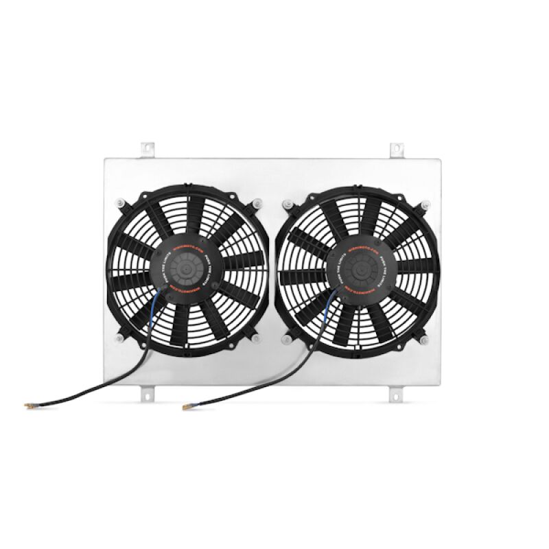 Mishimoto aluminum fan shroud rated for 1,150 CFM per fan shown with mounting hardware