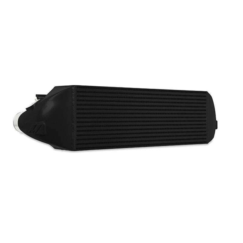 Front angle view of Mishimoto performance intercooler core showing 4.3-inch-thick bar-and-plate design