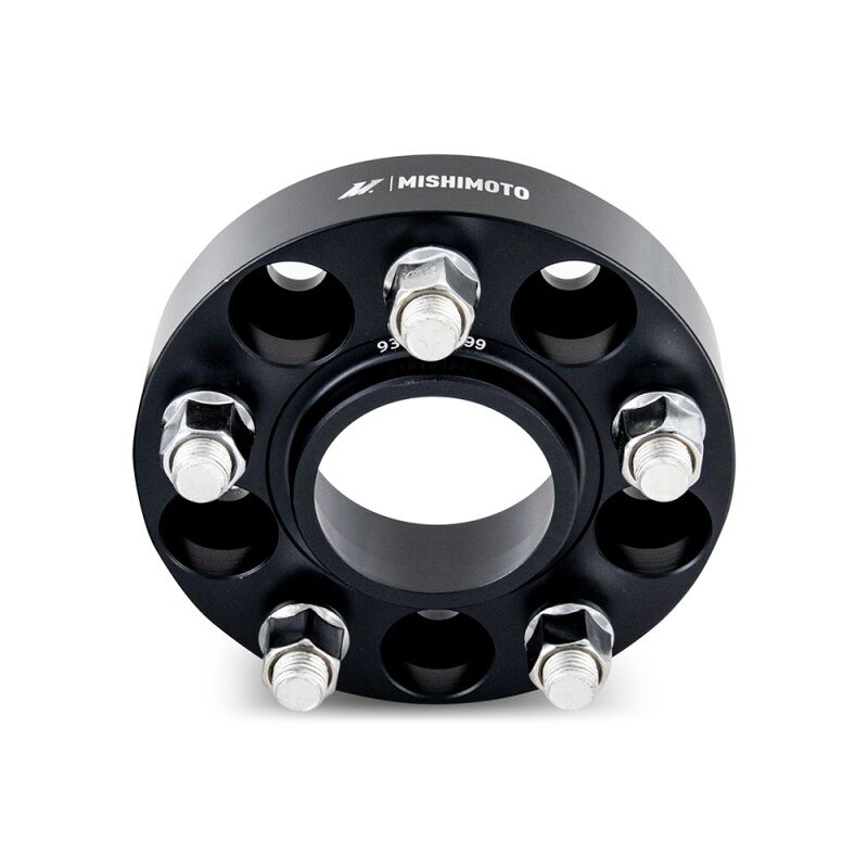 Mishimoto black wheel spacer showing 70.5mm center bore and M14 x 1.5 stud thread