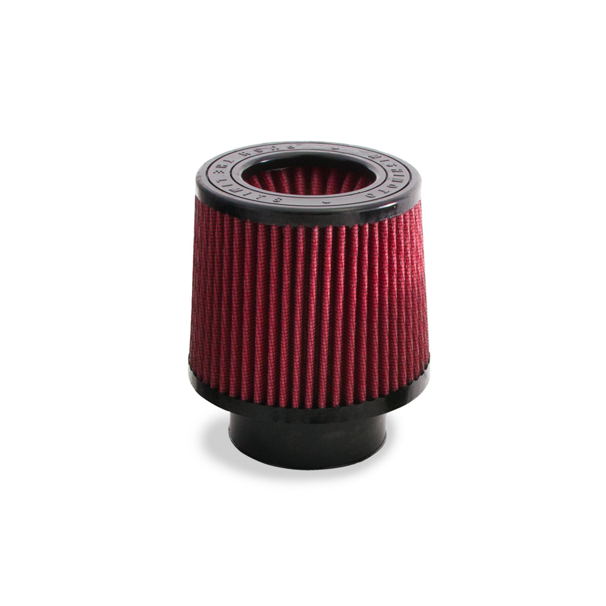 Mishimoto high-flow air filter shown with included worm gear installation clamp