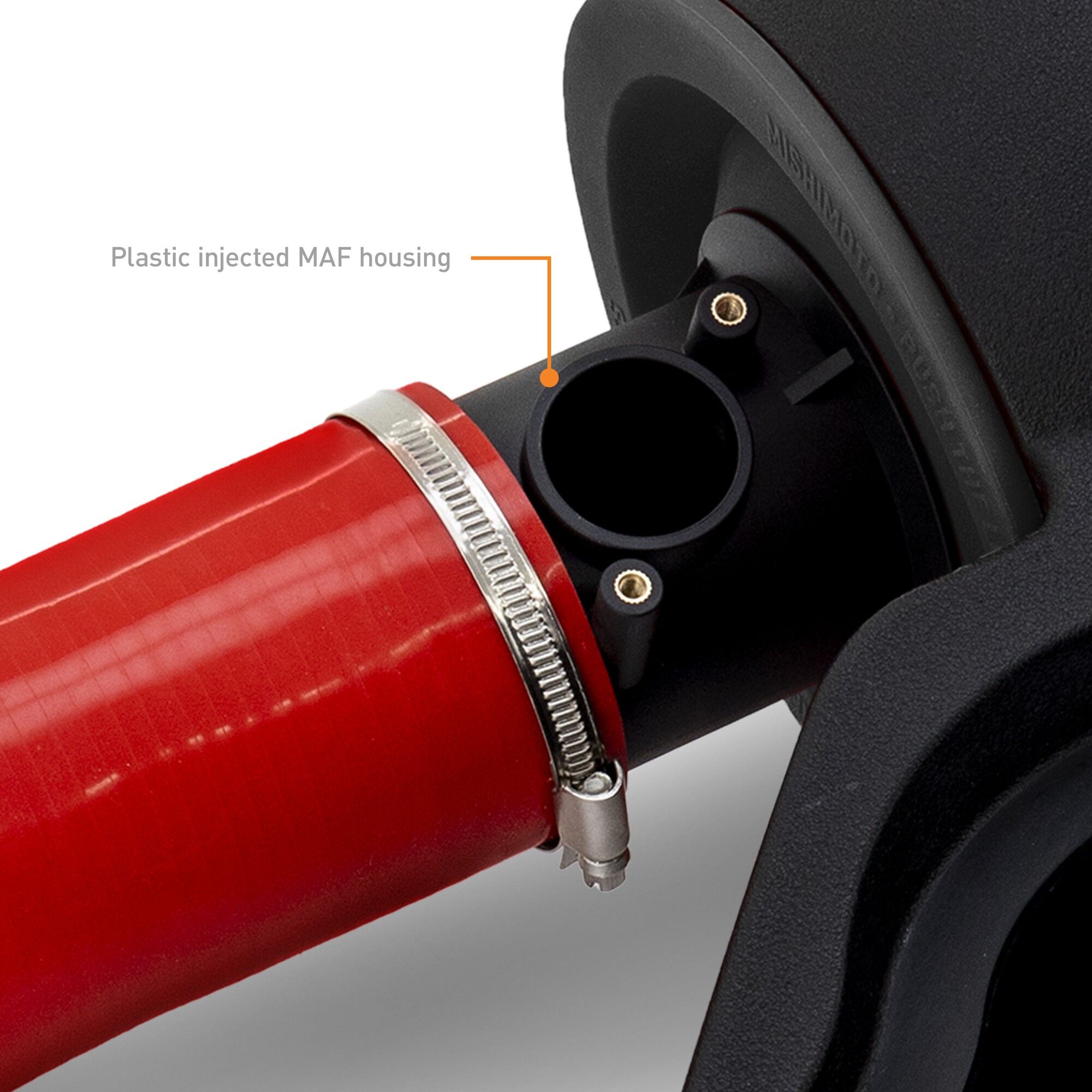 Complete Mishimoto air intake kit components including clamps, grommet, and hardware pack