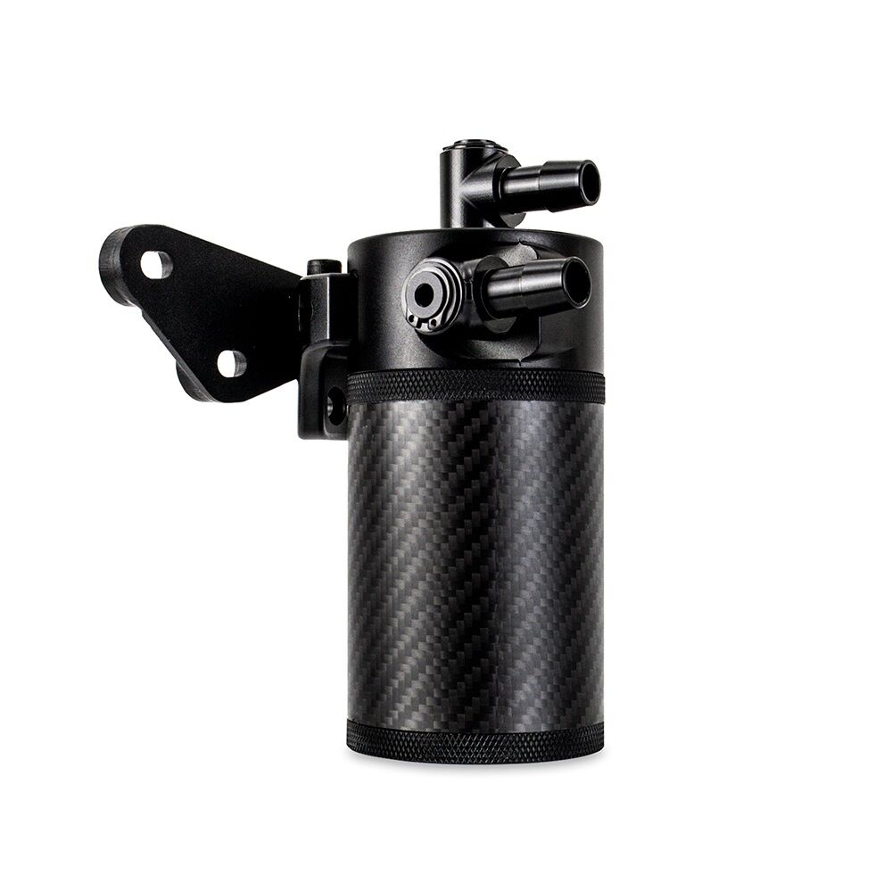 Carbon fiber twill weave catch can with black anodized aluminum body from Mishimoto
