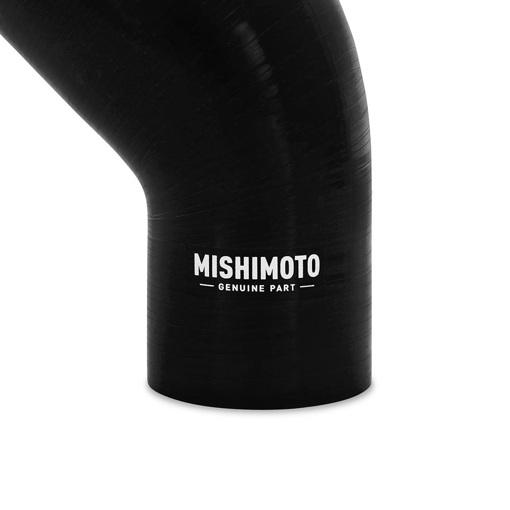 Mishimoto 45-degree transition coupler end view highlighting 2.25 in and 3.2 in diameter ends