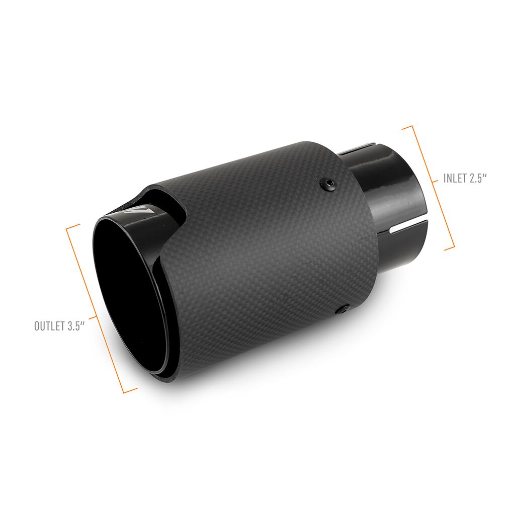 Close-up of Mishimoto carbon fiber exhaust tip shroud showing satin black chrome finish