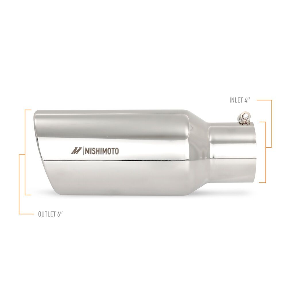 Close-up of Mishimoto exhaust tip integrated clamp for secure slip-on installation