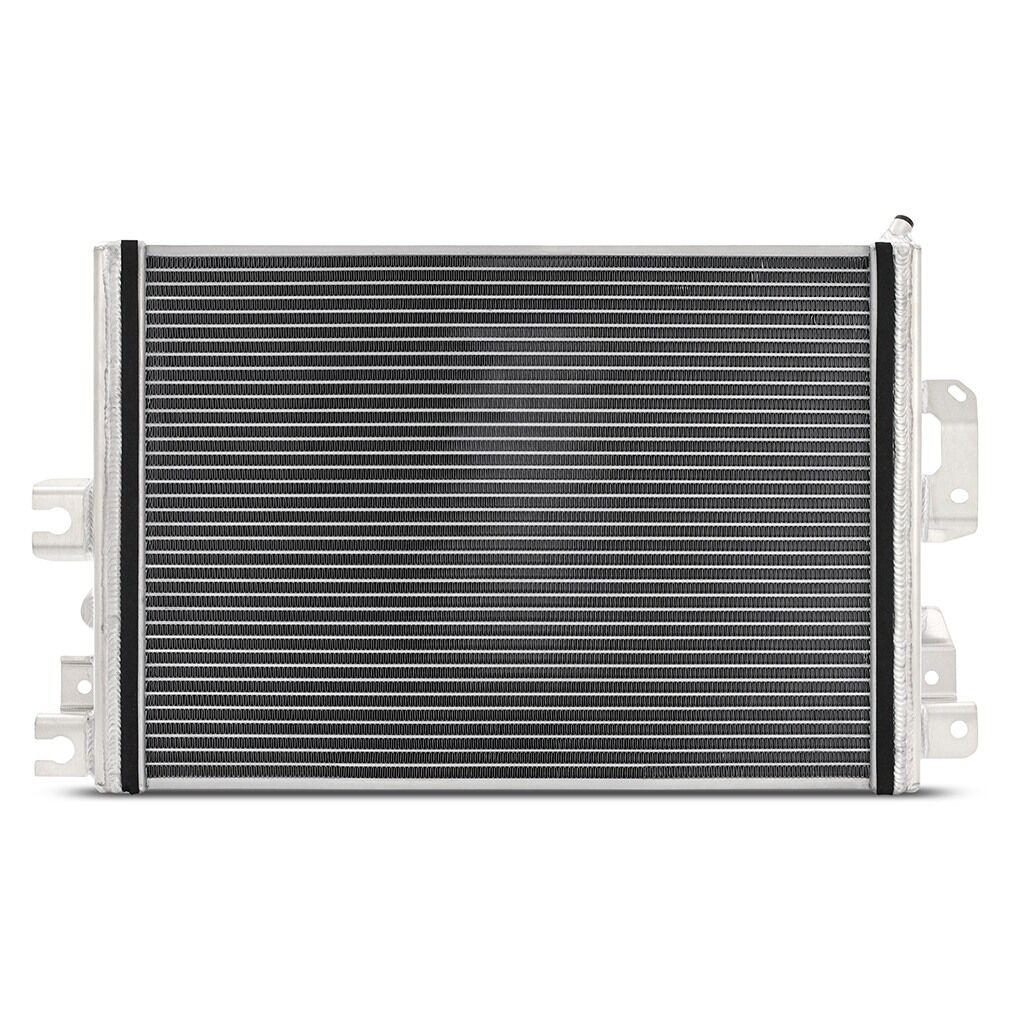 Close-up of Mishimoto heat exchanger TIG-welded aluminum end tanks and bleeder screw