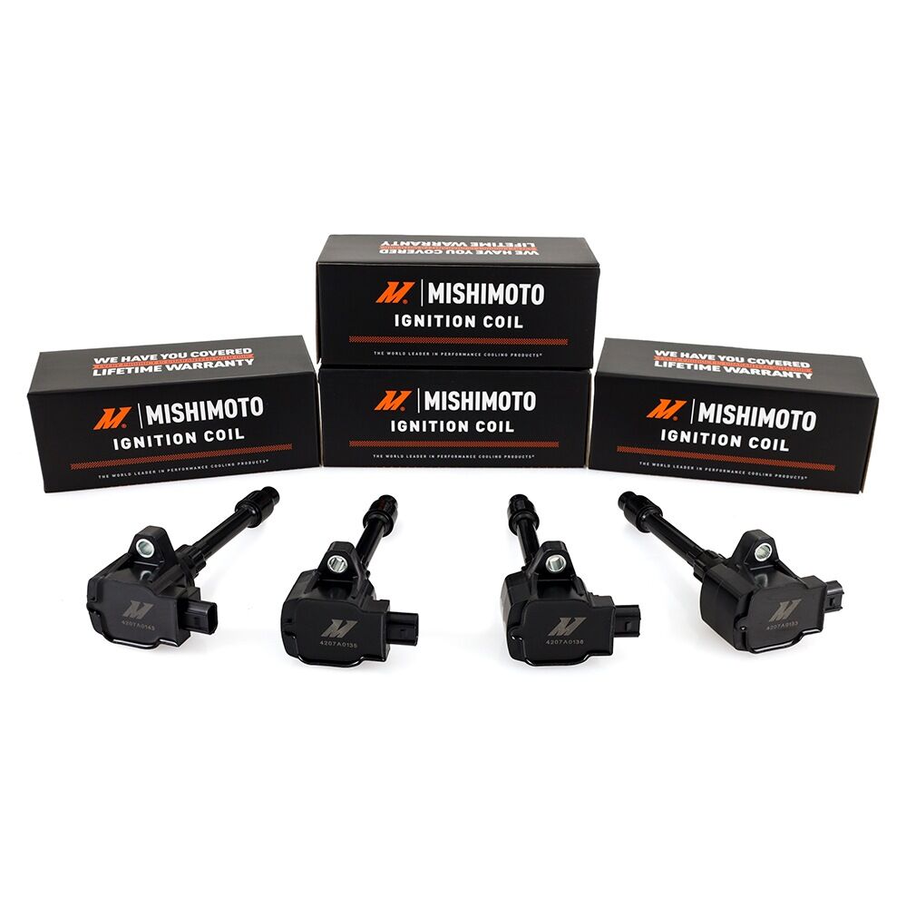 Set of four Mishimoto Standard Replacement ignition coils packaged with Mishimoto Lifetime Warranty