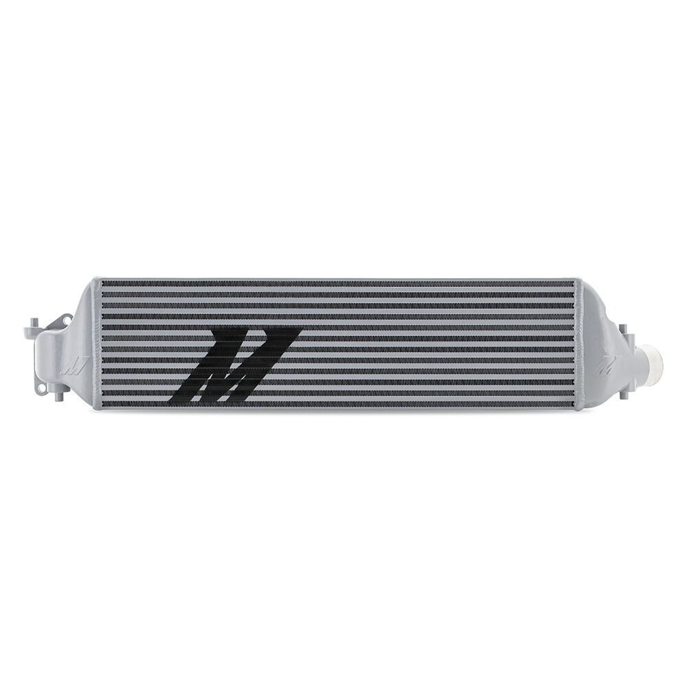 Bar-and-plate aluminum intercooler core with cast-aluminum end tanks in silver finish