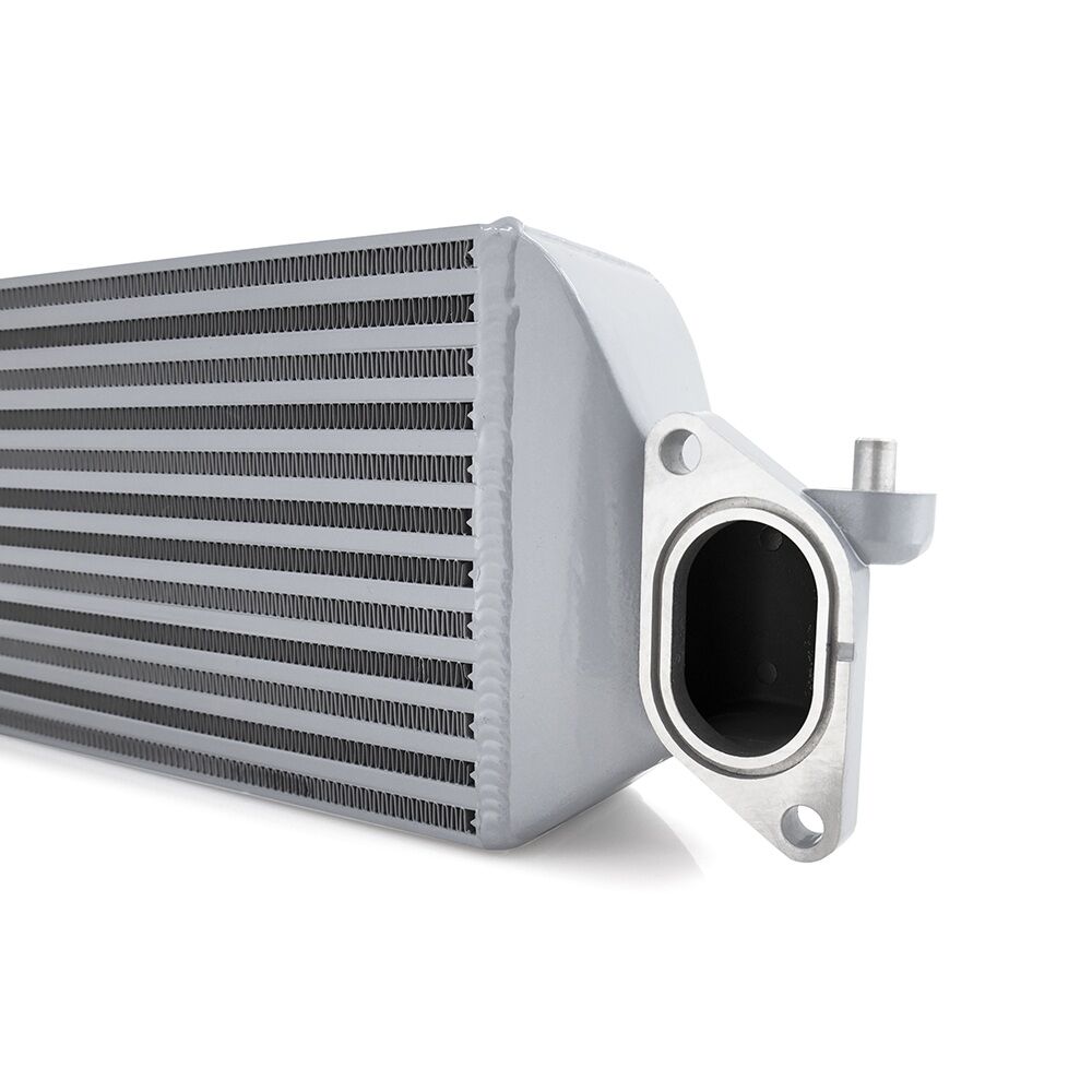 Front view of Mishimoto bar-and-plate intercooler core measuring 27.95 x 7.34 x 3.54 inches