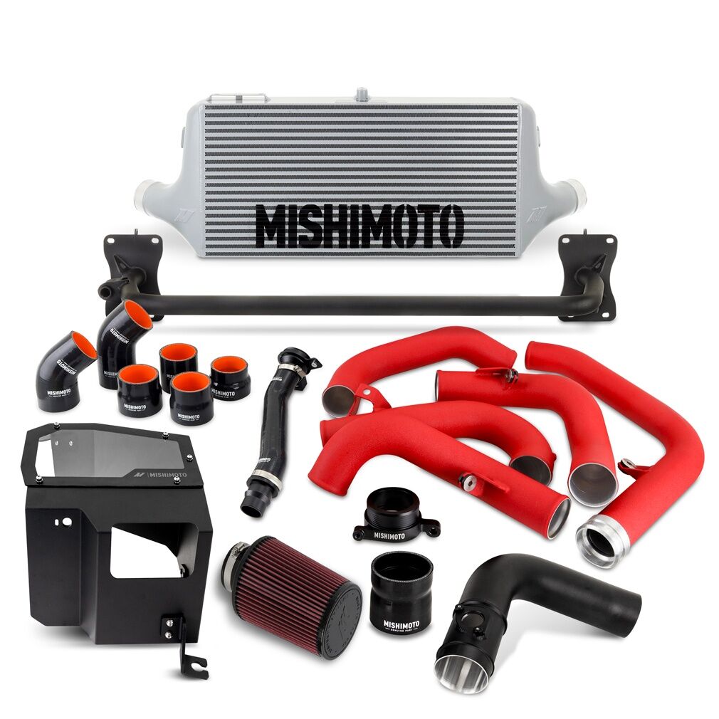 Mishimoto front-mount intercooler installed in 2022+ Subaru WRX lower bumper grille