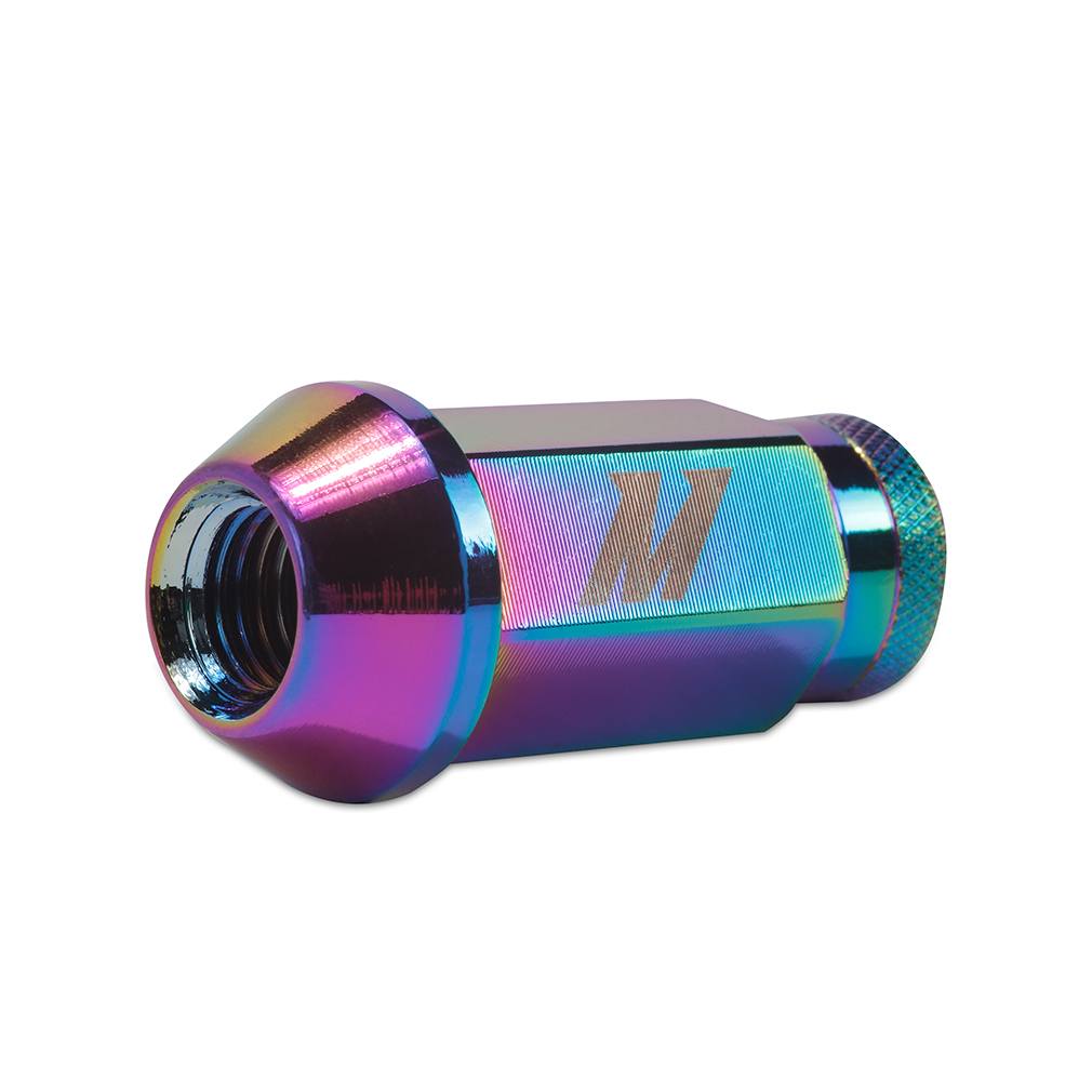 Close-up of Mishimoto lug nut knurled end and open-ended 50mm shank design