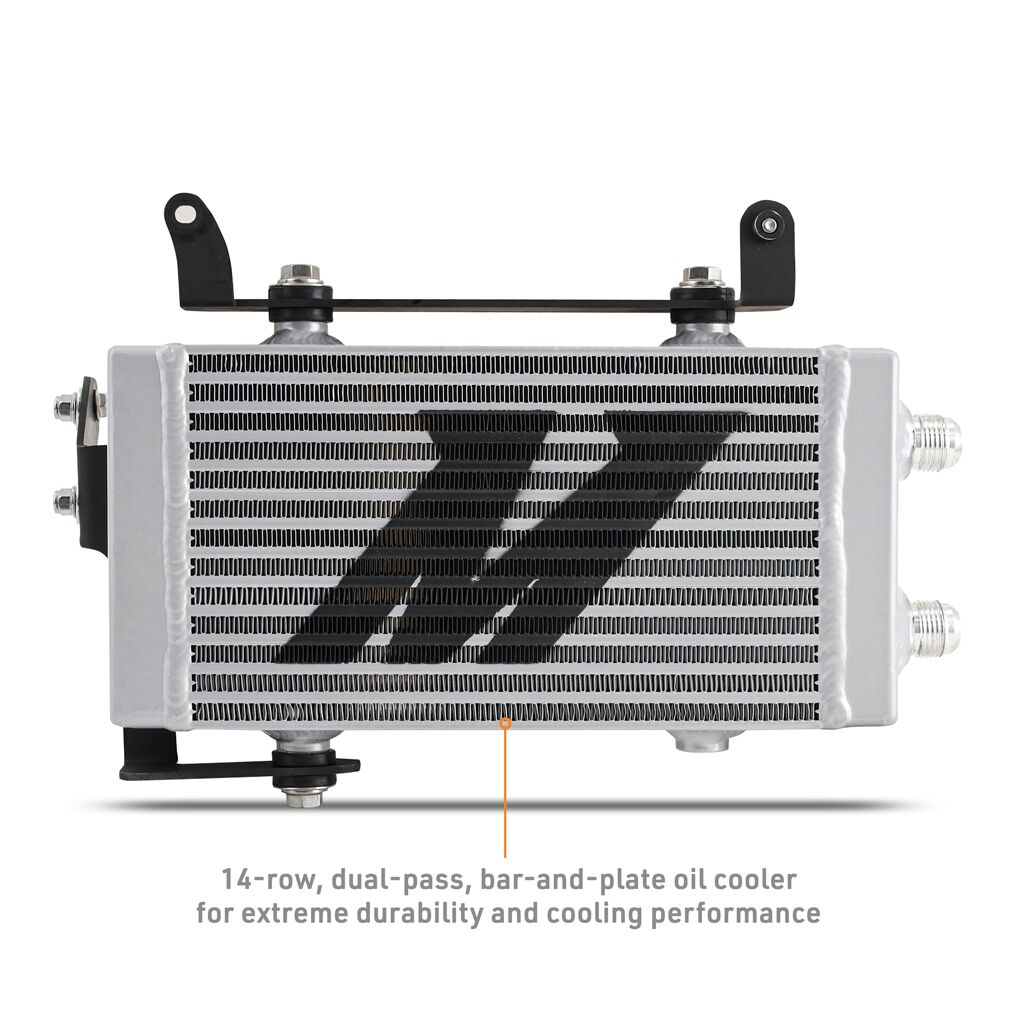 Silver anodized Mishimoto oil cooler with -10AN nylon-sheathed braided stainless-steel lines