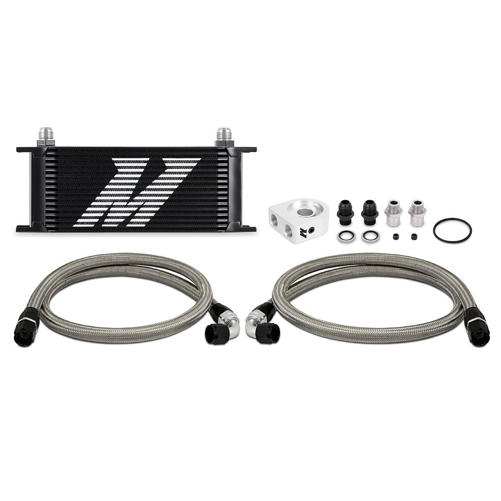 Mishimoto MMOC-U16BK universal 16-row stacked-plate oil cooler kit in black anodized finish