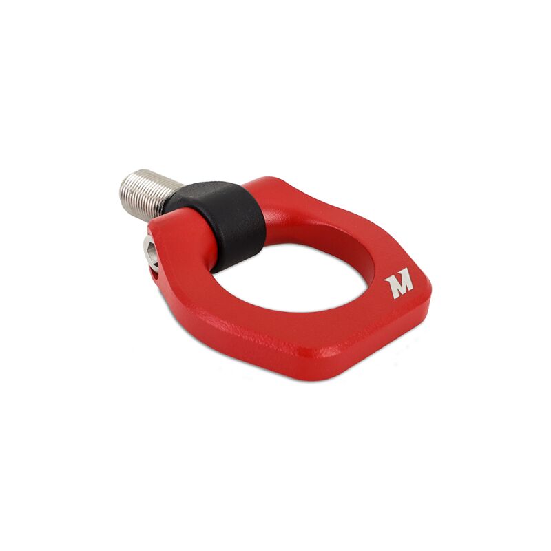 Close-up of red racing tow hook by Mishimoto