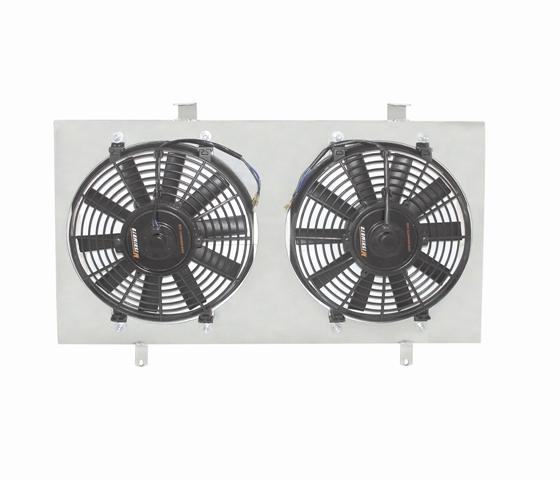 Polished aluminum Mishimoto fan shroud showing dual 12-inch electric fans rated 1150 CFM each