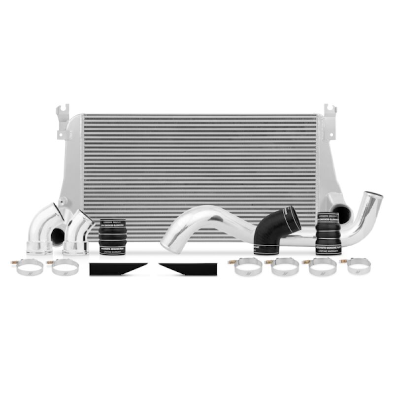 Cast aluminum end tanks on Mishimoto forced induction intercooler core in silver finish