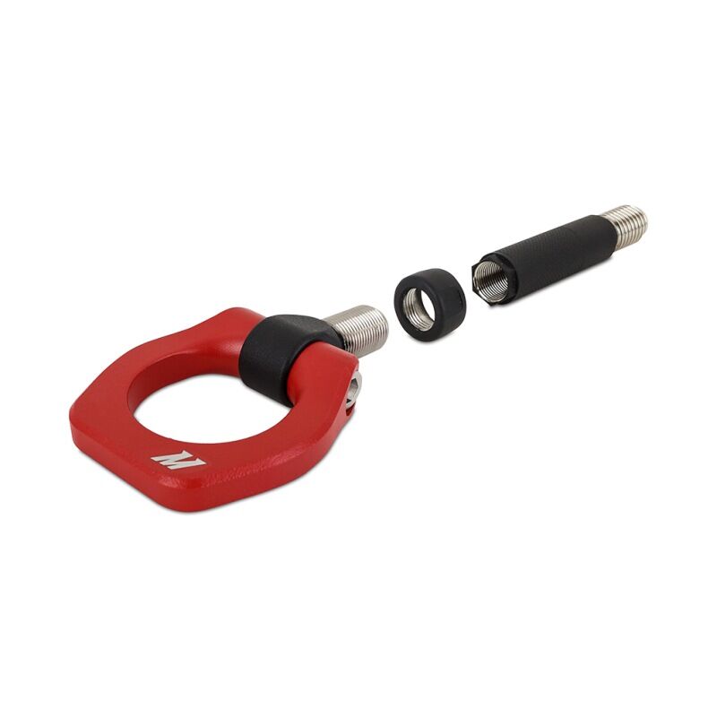 Close-up of red tow hook by Mishimoto for BMW F80 M3