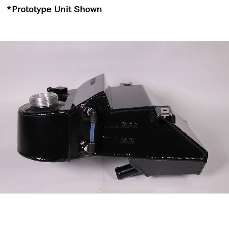 Mishimoto black powdercoated aluminum expansion tank showing TIG-welded construction