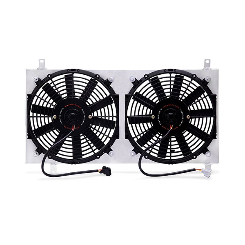Mishimoto fan shroud mounted to a Mazda Miata aluminum radiator