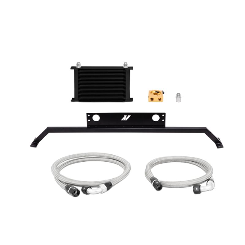 25-row stacked-plate Mishimoto oil cooler mounted via application-specific bracket on Mustang GT front bumper support