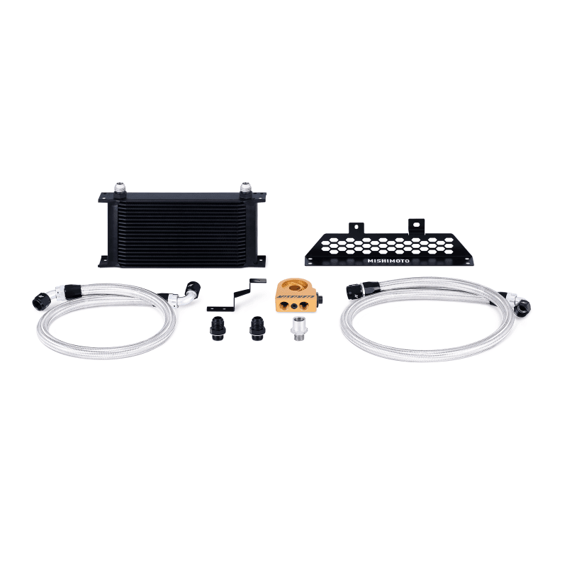 Mishimoto oil cooler mounted on passenger side of Ford Focus ST engine bay