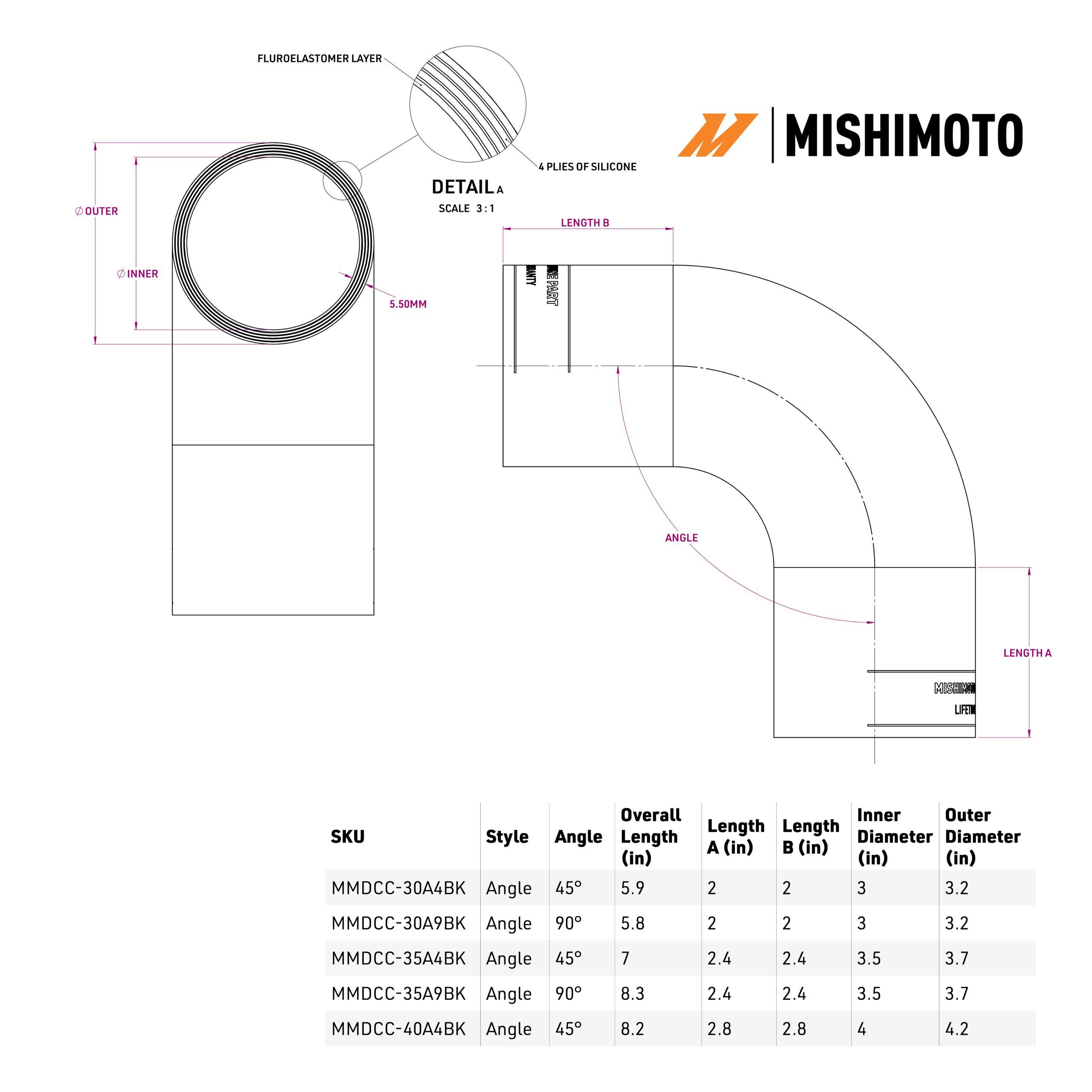 Mishimoto DuraCore 90-degree intercooler boot sized for 3 to 4 inch custom piping kits