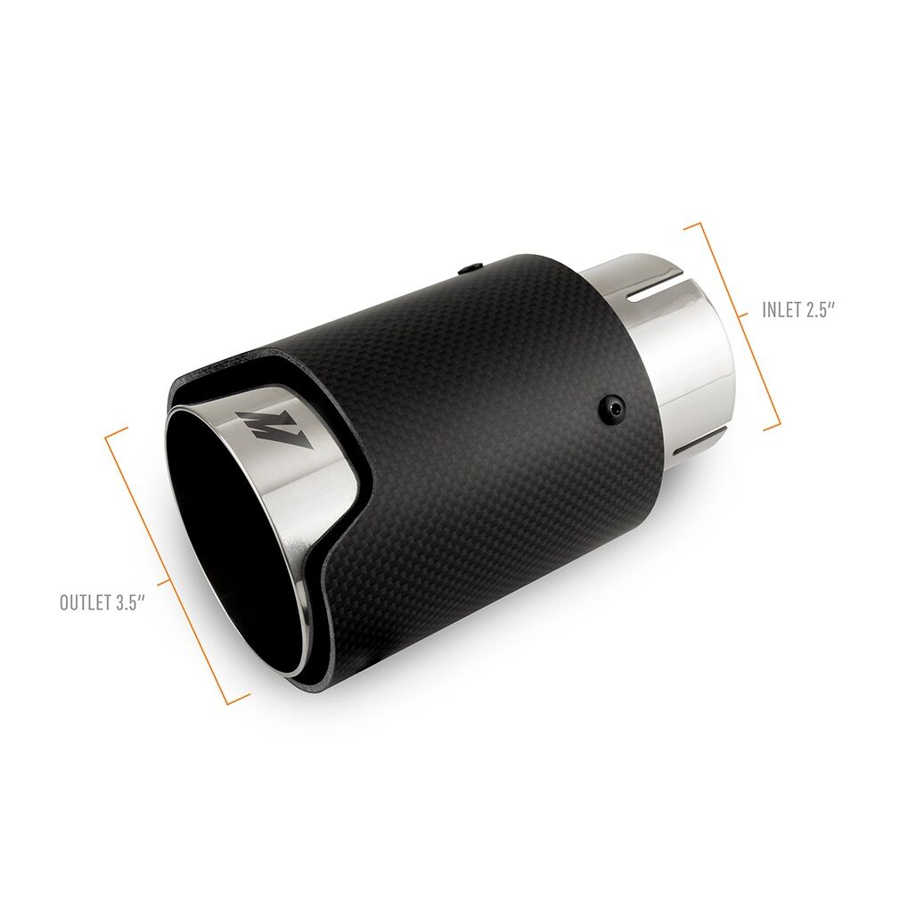 Close-up of Mishimoto carbon fiber exhaust tip shroud showing satin polished finish