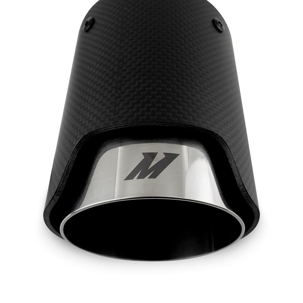 Mishimoto exhaust tip slip-fit design installed over 2.5-inch exhaust piping