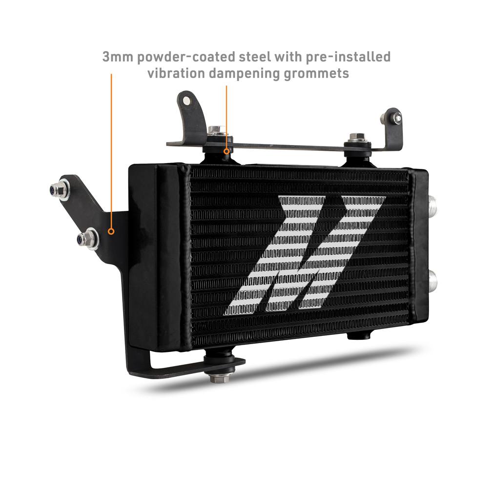 Mishimoto oil cooler mounted in the upper grille of a 2023-2025 Toyota GR Corolla using direct-fit brackets
