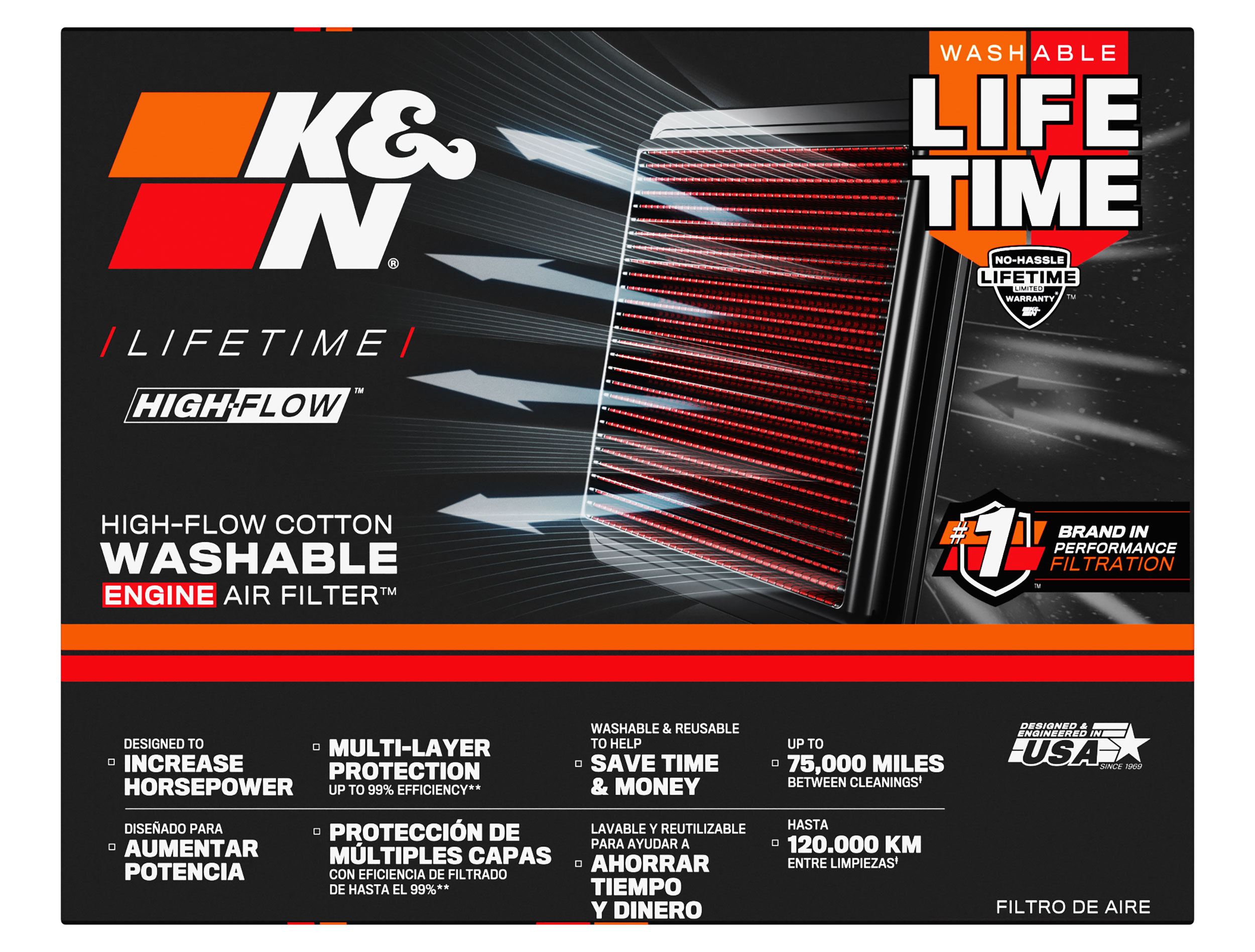 K&N High-Flow Air Filter with included oil